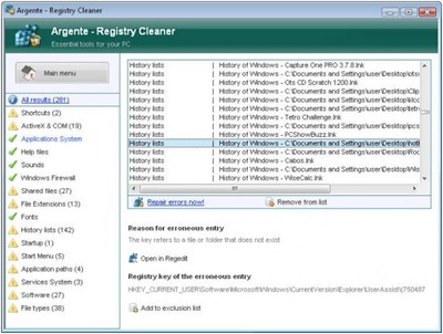 Argente registry cleaner